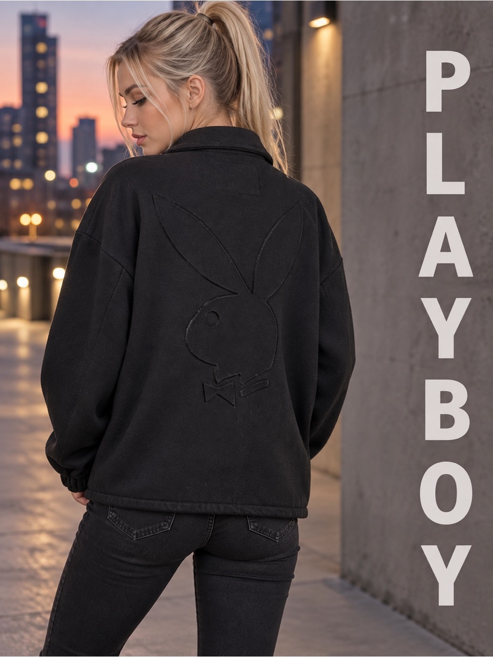 Playboy Black Embossed Bunny Oversized Snap Front Jacket Size S